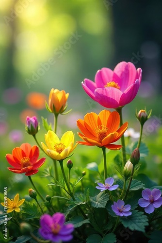 Vibrant wildflowers bursting forth from a natural spring, sunlight illuminating delicate petals and lush green foliage A breathtaking display of nature's beauty , colorful, meadow