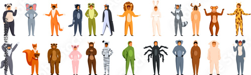 Entertainer animal costume icons set. People wearing funny animal costumes are posing and smiling, enjoying a party or event