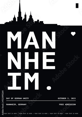 Mannheim typography minimalist vector poster for national event, public holiday, independence day, festival layout. Brochure, leaflet, flyer, presentation image template for Germany city