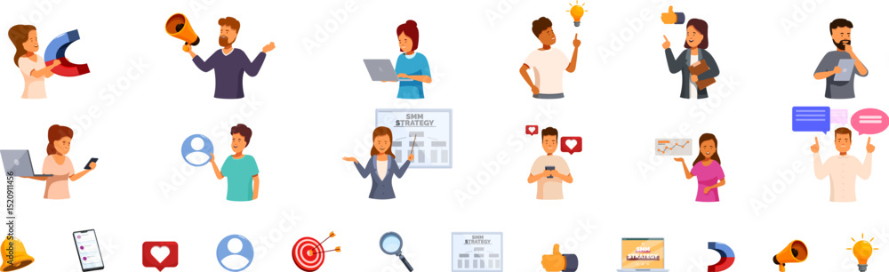 Smm strategy icons set. Marketing specialists working, using laptops, giving presentation, attracting clients, advertising products, and developing smm strategy Smm strategy icons set. Marketing specialists working, using laptops, giving presentation, attracting clients, advertising products, and developing smm strategy