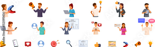 Smm strategy icons set. Marketing specialists working, using laptops, giving presentation, attracting clients, advertising products, and developing smm strategy