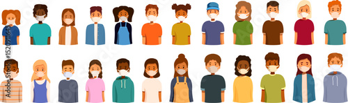 Kids medical mask icons set. People of various ethnicities are wearing protective masks, emphasizing the importance of health and safety measures