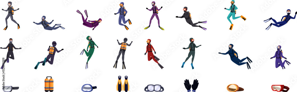 Children scuba diving icons set. Collection of scuba divers and equipment in various poses and outfits Children scuba diving icons set. Collection of scuba divers and equipment in various poses and outfits