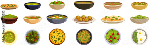 Spinach dishes icons set. Various spinach dishes are presented, highlighting the versatility of this nutritious leafy green in cooking