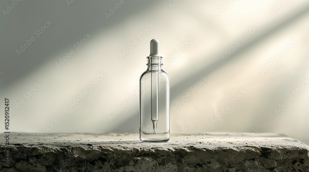 Glass dropper bottle on a textured surface with soft natural light creating a serene ambiance Glass dropper bottle on a textured surface with soft natural light creating a serene ambiance