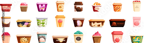Container ice cream icons set. Assorted ice cream tubs and cones in vibrant packaging