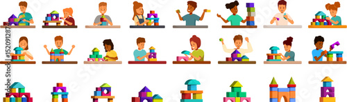 Kids play building blocks icons set. Kids engaging in educational play, developing fine motor skills and creativity with building blocks