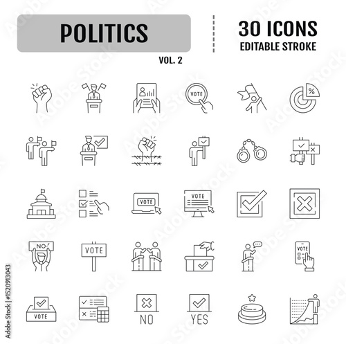Poltics line icon set. Containing democracy, republic, monarchy, totalitarianism, authoritarianism, oligarchy. Editable stroke. Vector illustration
