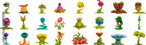 Monster plants icons set. Diverse cartoon plants showcasing unique and imaginative designs