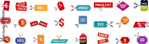 Scissors cutting price icons set. Colorful price tags and coupons being cut in half by scissors, symbolizing discounts and price reductions