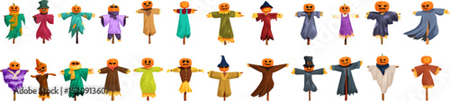 Pumpkin scarecrow icons set. Colorful scarecrows with pumpkin heads celebrating halloween