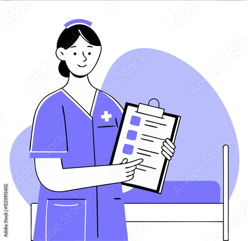 Friendly nurse reviewing patient chart near hospital bed illustrating medical care and healthcare services