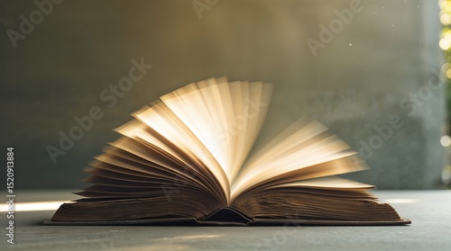 Book pages turning rapidly in a warm light setting, showcasing the joy of reading and exploration in a peaceful environment