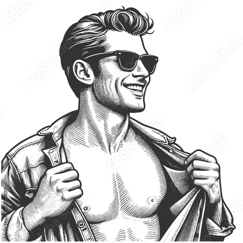 man wearing sunglasses and confidently unbuttoning his shirt with a broad smile sketch engraving generative ai fictional character vector illustration. Scratch board imitation. Black and white image.