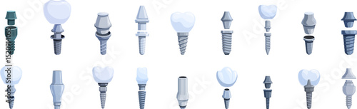 Abutment icons set. Set of dental implants showing different stages and types of artificial tooth roots, restoring teeth functionality and providing a foundation for replacement teeth