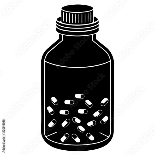 Black and white illustration of a medicine bottle containing pill capsules