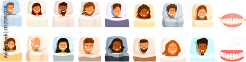 Bruxism icons set. People sleeping and grinding teeth because of bruxism, shown with a set of teeth