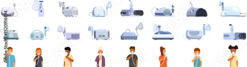 Nebulizer icons set. People using nebulizers for respiratory therapy and health management