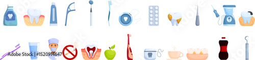 Prevention dental diseases icons set. Maintaining healthy teeth and gums involves various tools and practices, from brushing and flossing to professional dental instruments and treatments