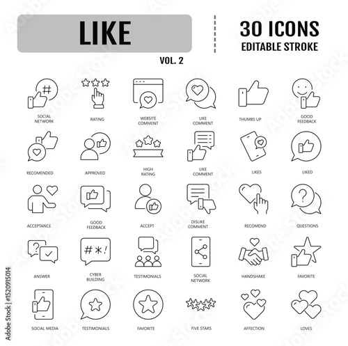 Like icon set. Containing thumbs up, favorite, liked, favorable, positive, appreciation, affirmative, validation and more. Editable stroke. Vector illustration