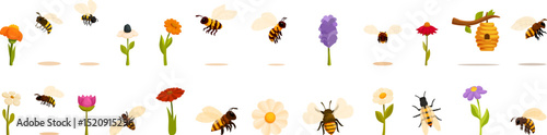 Bee collecting pollen icons set. Bees flying around flowers and beehive collecting nectar and pollen