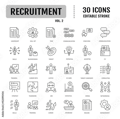 Recruitment line editable icon set. Headhunting, career, resume, job hiring, candidate and human resource. Vector illustration