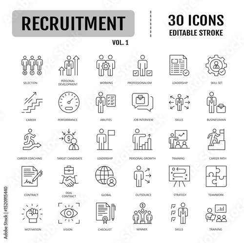 Recruitment line editable icon set. Headhunting, career, resume, job hiring, candidate and human resource. Vector illustration