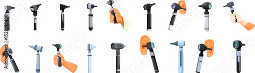 Otoscope icons set. Doctors using otoscopes are examining ear canals and eardrums, checking for infections and diagnosing ear problems