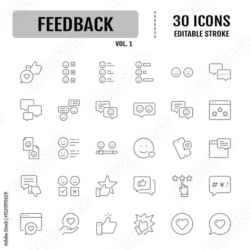 Feedback line Icon set. Containing Testimonials, rating, like, dislike, feedback, survey and more. Editable stroke. Vector illustration