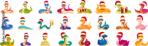 New year snake icons set. Adorable cartoon snakes with santa hats celebrating christmas, adding a festive touch to holiday designs