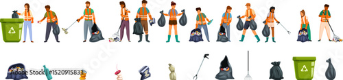 Community leanup icons set. Volunteers and professional cleaners collecting and sorting garbage for recycling, waste management and ecology preservation concept