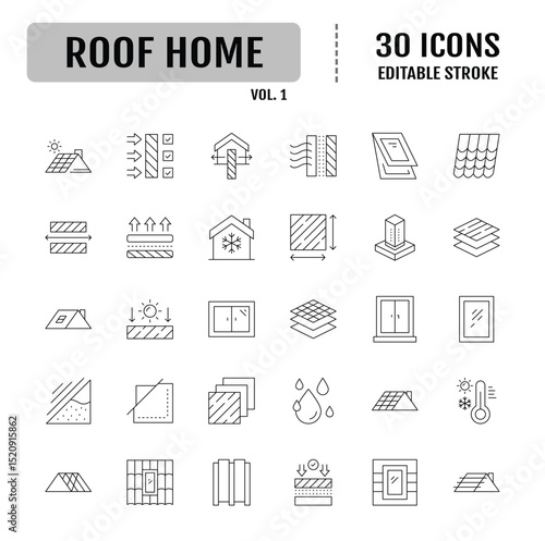 Roof home line icon set. Editable stroke. Containing as window, construction, protection, housetop construction materials, waterproofing, and more. Vector illustration