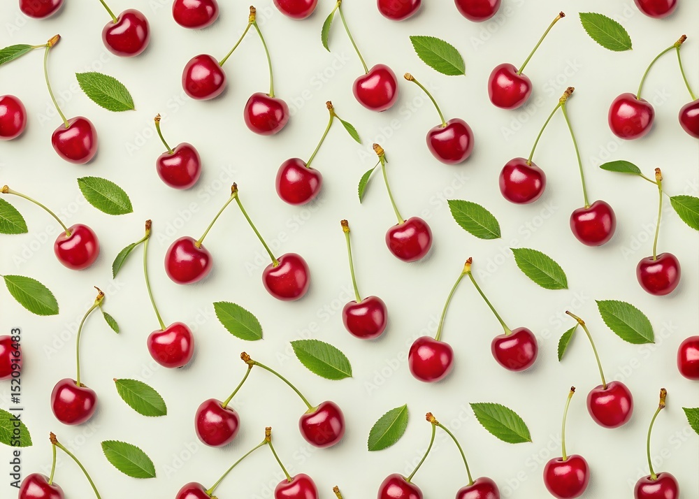 Seamless Cherry Pattern Background with Fresh Red Cherries and Green Stems – Cute Fruit Design for Fabric, Wallpaper, and Packaging Seamless Cherry Pattern Background with Fresh Red Cherries and Green Stems – Cute Fruit Design for Fabric, Wallpaper, and Packaging