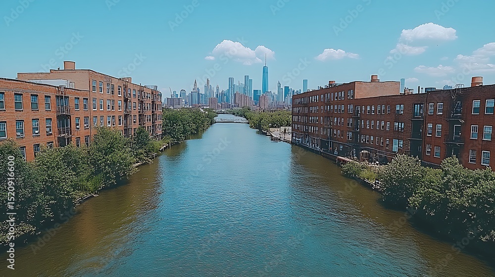 Obraz premium Aerial View of River Buildings with NYC Skyline with Urban Landscape.
