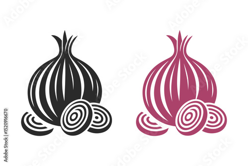 Minimalist onion with onion slices silhouette on white background. Onion with onion slices icon vector illustration.