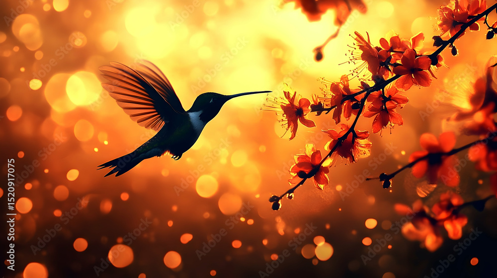 Obraz premium A hummingbird in flight amidst blossoming flowers during sunrise.