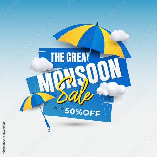The Great Monsoon Sale Promotional Banner with Umbrella and Clouds