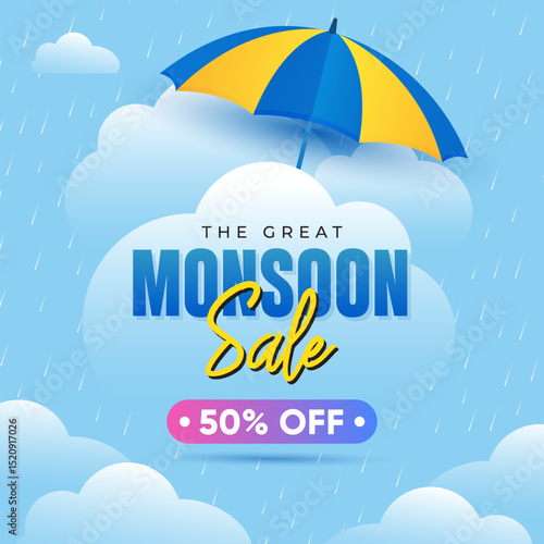 The Great Monsoon Sale Promotional Banner with Umbrella and Clouds