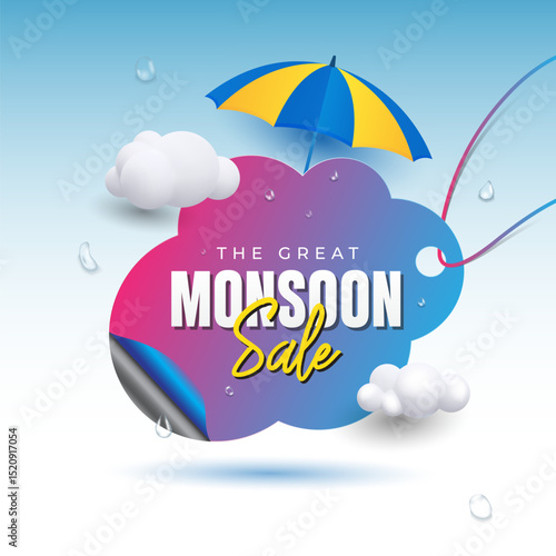 The Great Monsoon Sale Promotional Banner with Umbrella and Clouds