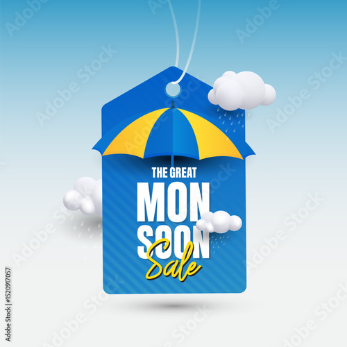 A vibrant monsoon sale promotional banner featuring an umbrella and cloud graphics, emphasizing seasonal offers.