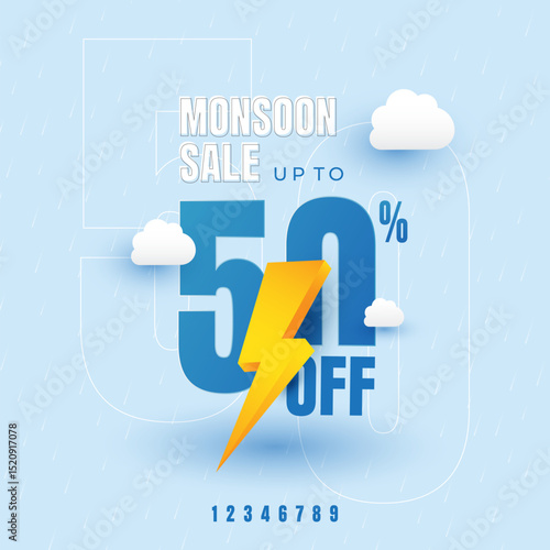 Monsoon Sale Promotion Banner Highlighting 50% Discount with Rain and Clouds Theme