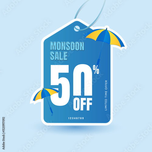A vibrant monsoon sale promotional banner featuring an umbrella and cloud graphics, emphasizing seasonal offers.