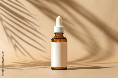 Amber dropper bottle on beige background with soft light