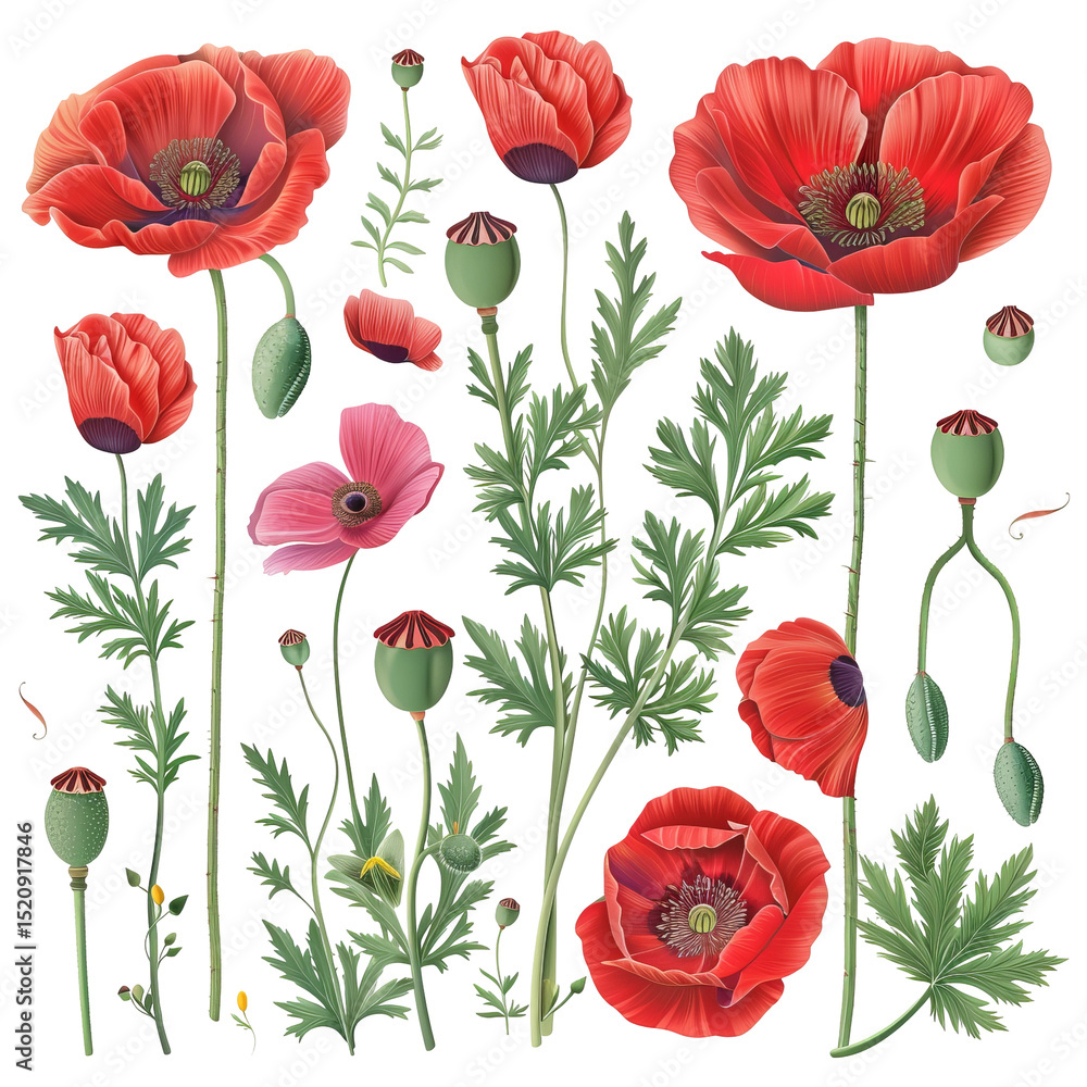 Fototapeta premium Botanical Illustration Of Diverse Poppy Flowers And Seed Capsules. Vintage Style Floral Arrangement Isolated On White Backdrop.
