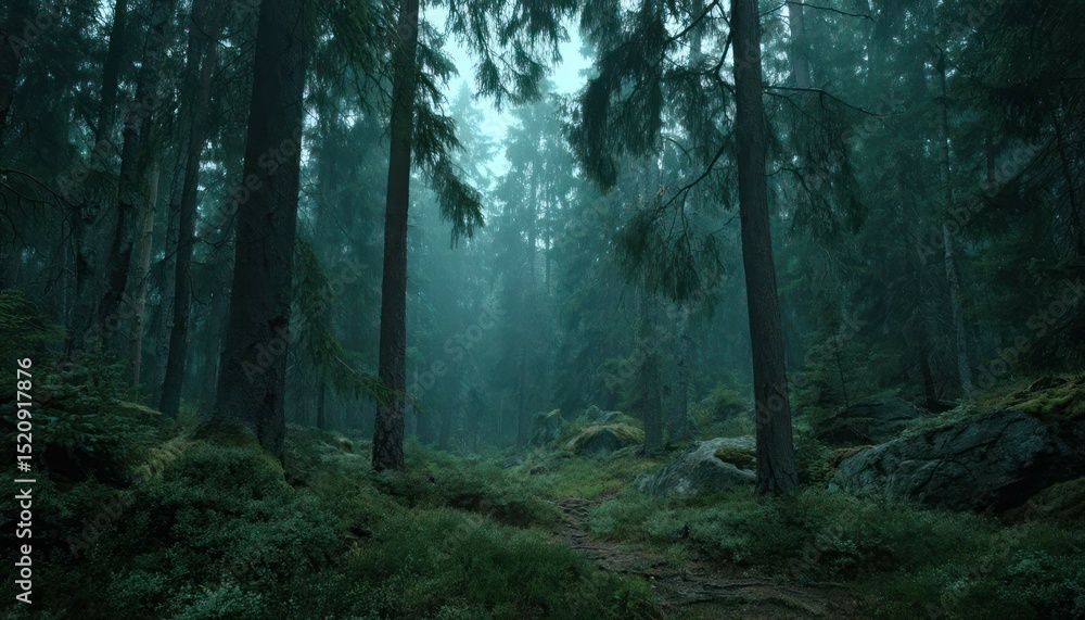 Fototapeta premium Eerie woodland scenery enveloped in mist and fog, showcasing the wilderness