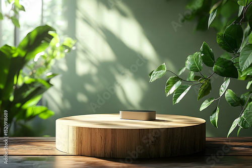 Wooden platform with greenery background.