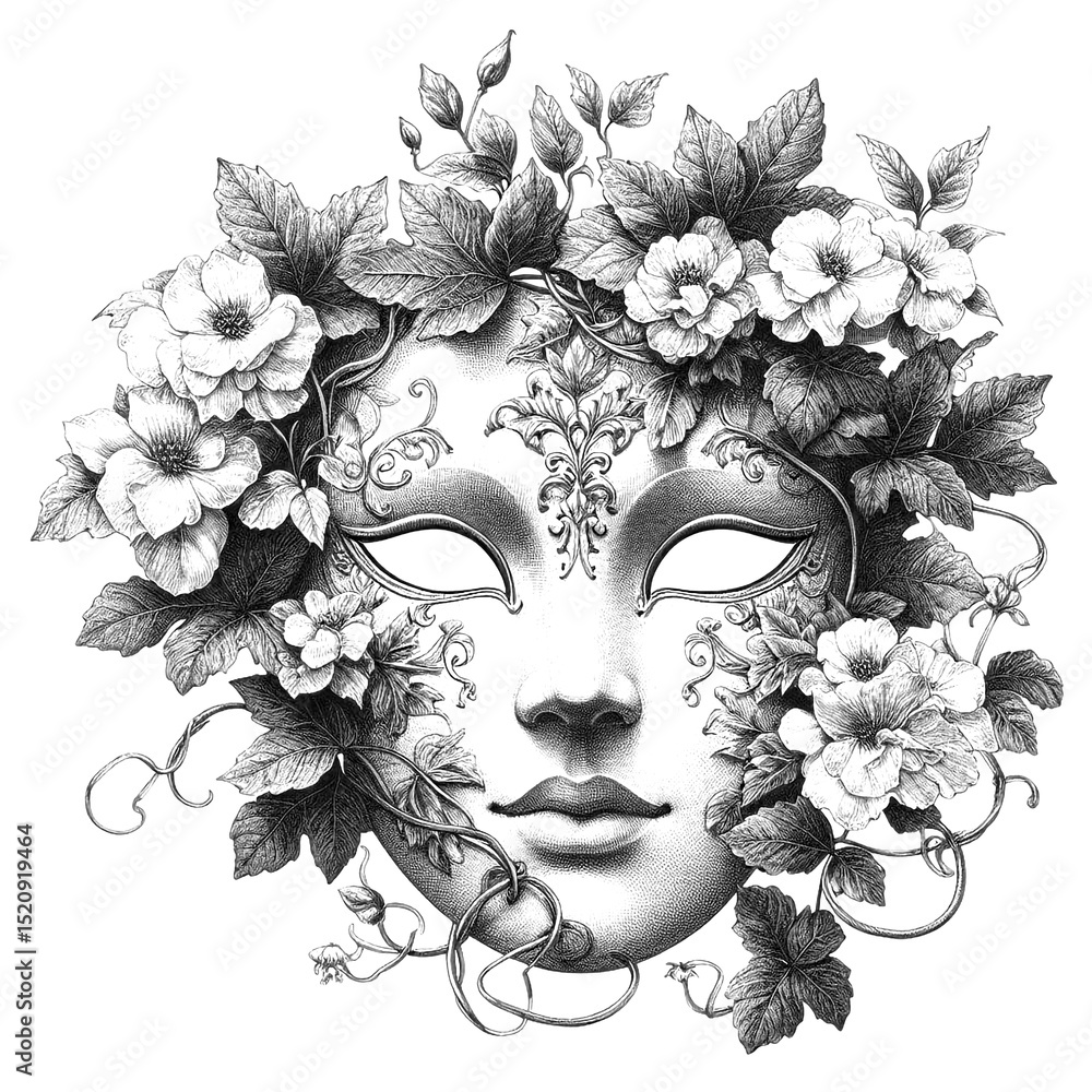 Fototapeta premium A mask entwined with ivy and blooming flowers, sketch engraving, white background.