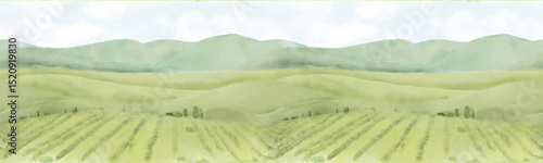 A summer rural landscape with hills under a blue sky and white fluffy clouds. Horizontal seamless border. Watercolor illustration. View of green fields and vineyards on the mountainside .