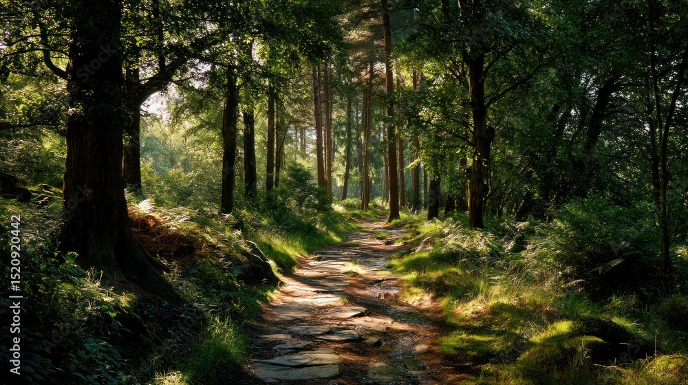 Obraz premium Forest path sunlight dappled stone path