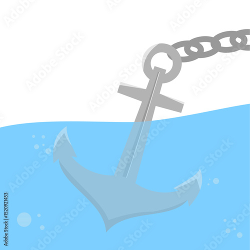 Iron anchor dropping into sea water,
splashing with bubbles on impact,
flat art design style.

